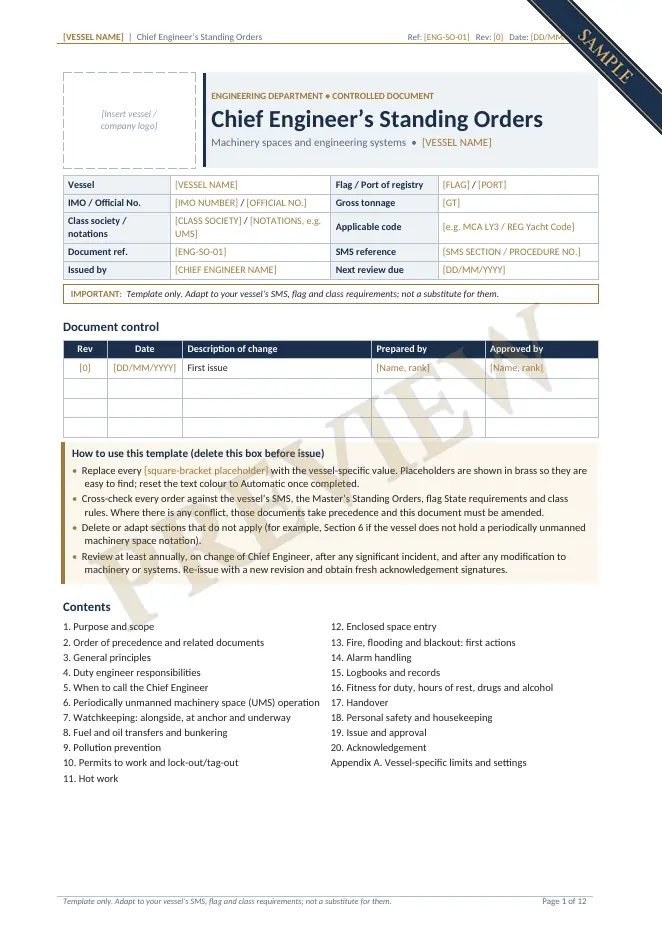 Watermarked sample of the first page of the Chief Engineer’s Standing Orders template